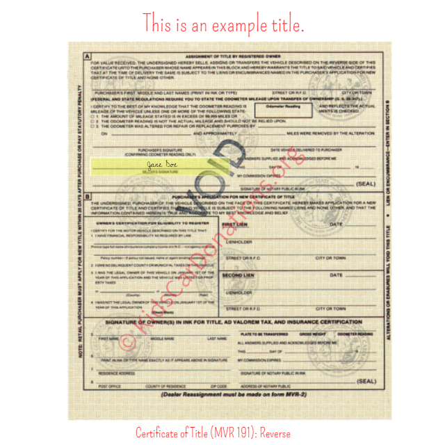 This is an Example of South Dakota Certificate of Title (MVR 191)- Reverse View | Kids Car Donations